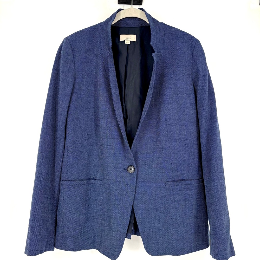 LOFT Textured Blazer Size 10 Collarless One Button Blue Jacket Academia Career